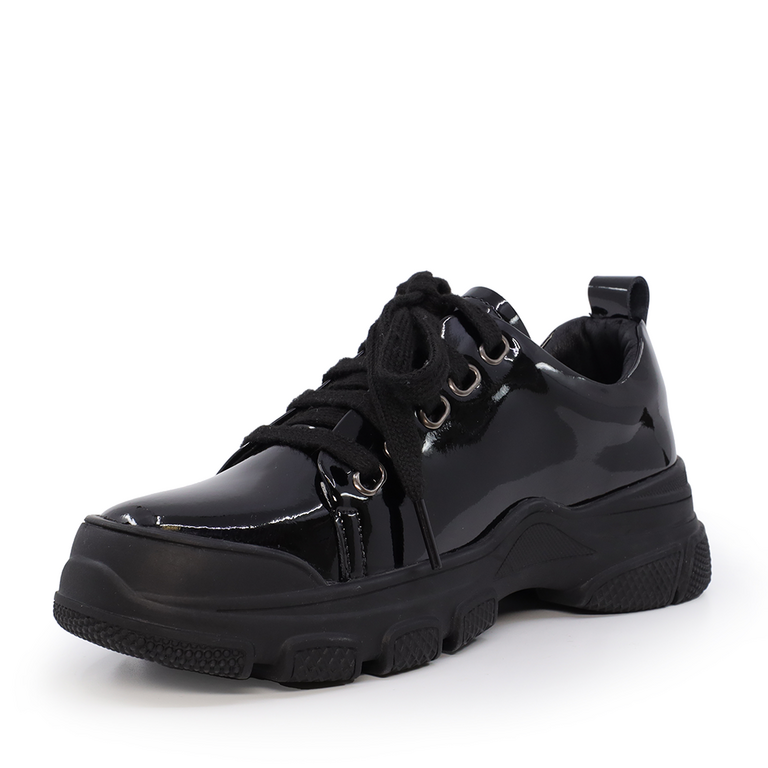 Pantofi lace up copii Benvenuti negri din piele lăcuită 3795FP208LN